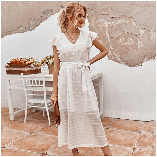 Vestido midi mujer gasa texturizada corte evasé - Adriana
