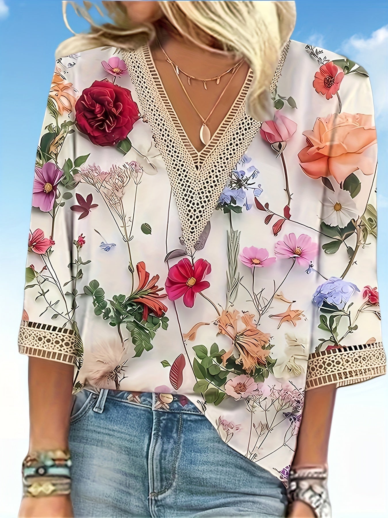 Owienna - Camiseta de mujer plus estampado paisley con encaje a contraste, escote en pico y media manga