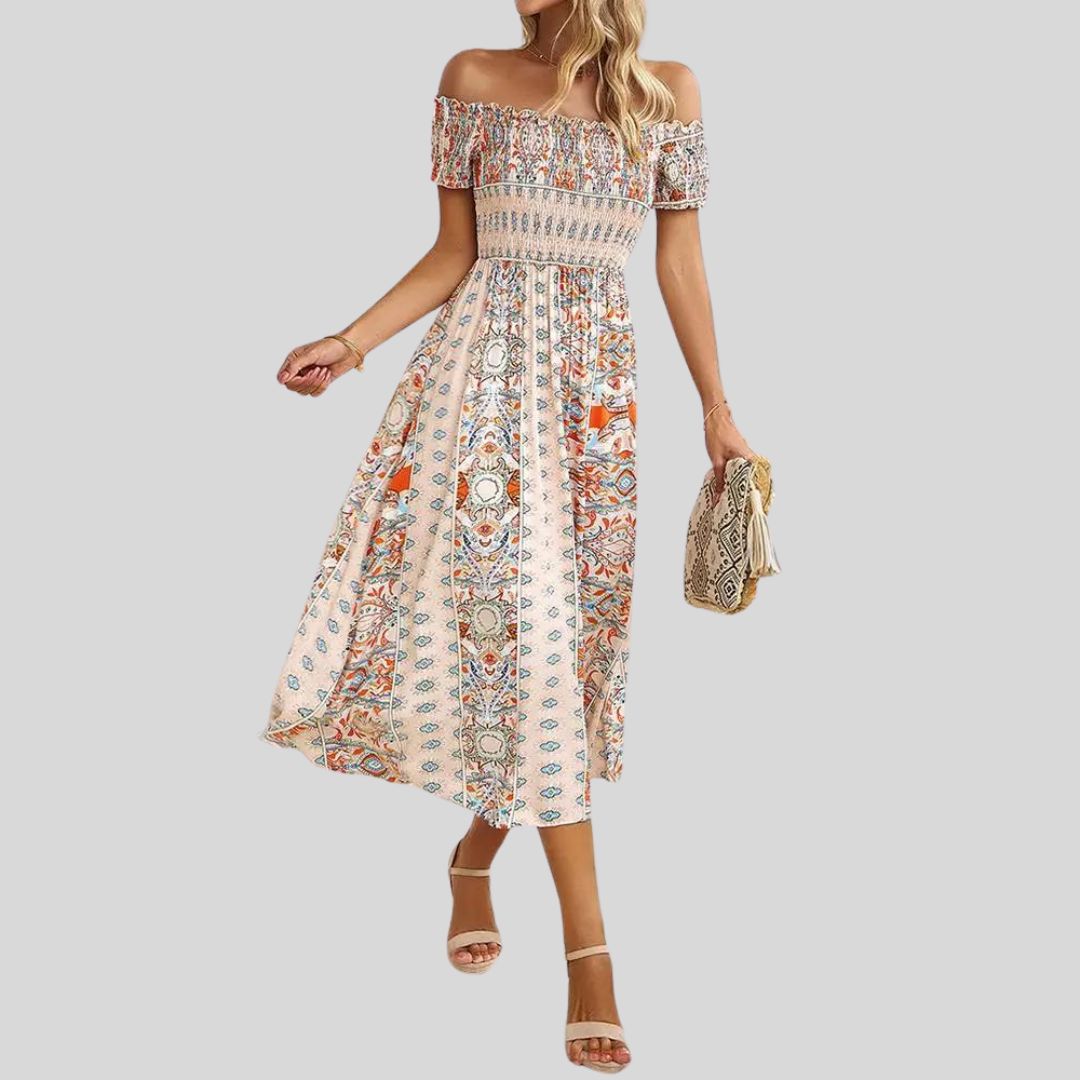 Aurora - Maxivestido boho con hombros al descubierto y volantes