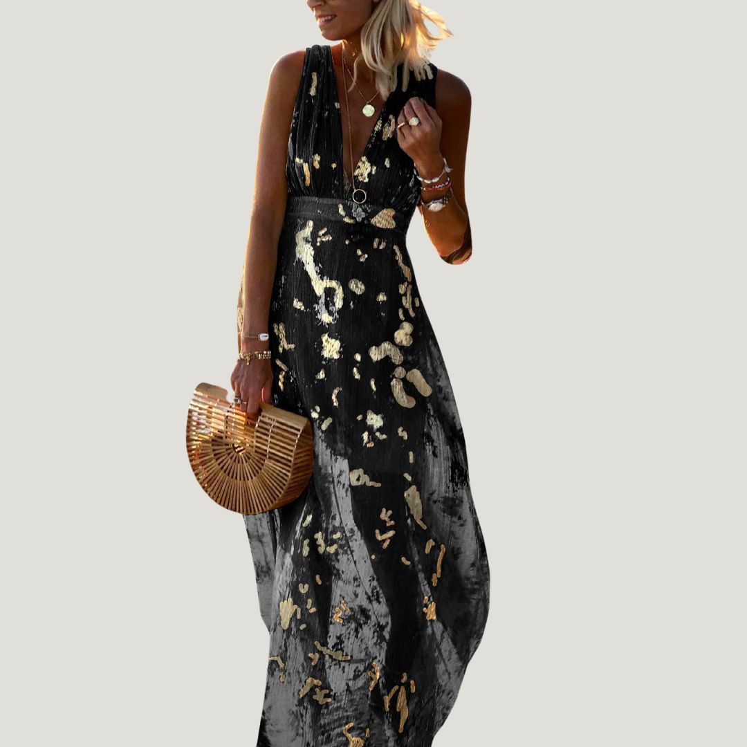 Albina - Vestido fluido con cuello en V y adornos de lentejuelas