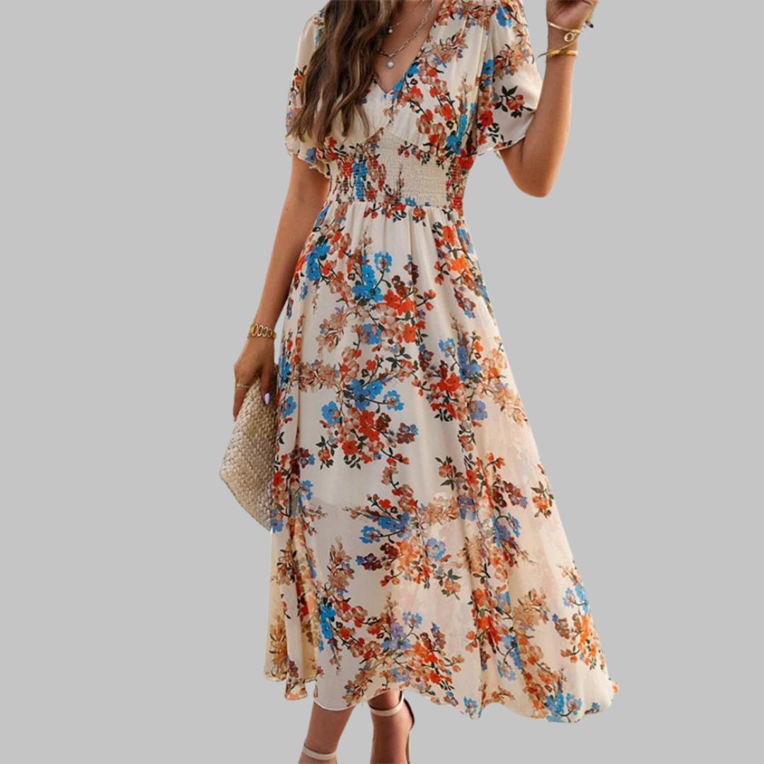 Mareina - Vestido midi floral con escote en V y manga corta