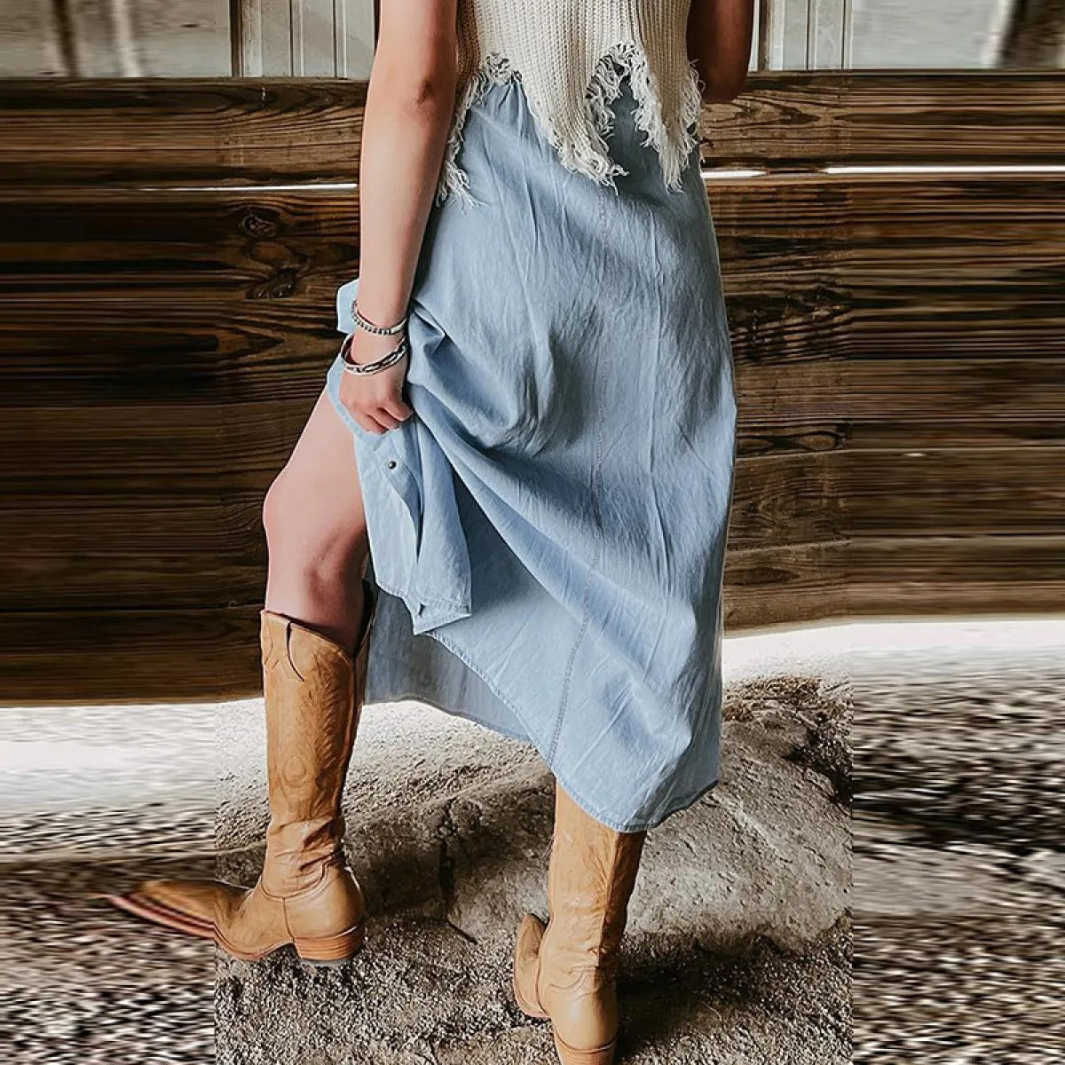 Falda larga mujer botones frontales azul denim - Mairena