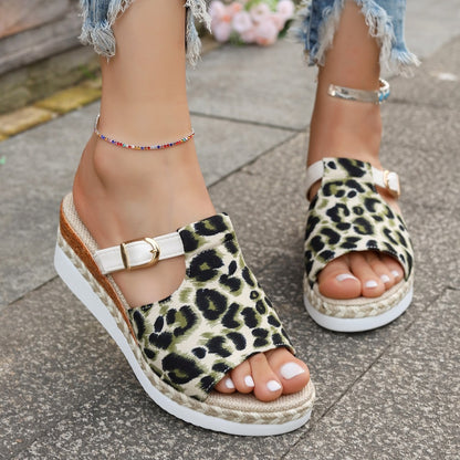 Sandalias cuña mujer estampado leopardo con hebilla - Selene
