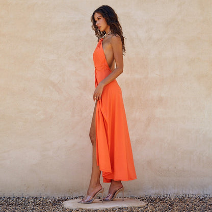 Vestido largo para mujer de escote halter con fruncido y abertura frontal - Eliana