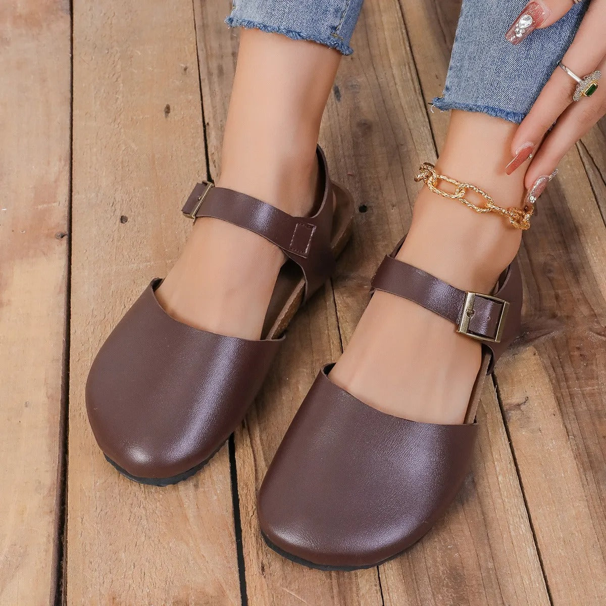 Sandalias planas mujer puntera cerrada con hebilla - Martina