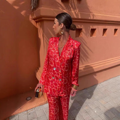 Conjunto pantalón y blazer mujer estampado floral rojo elegante - Venera