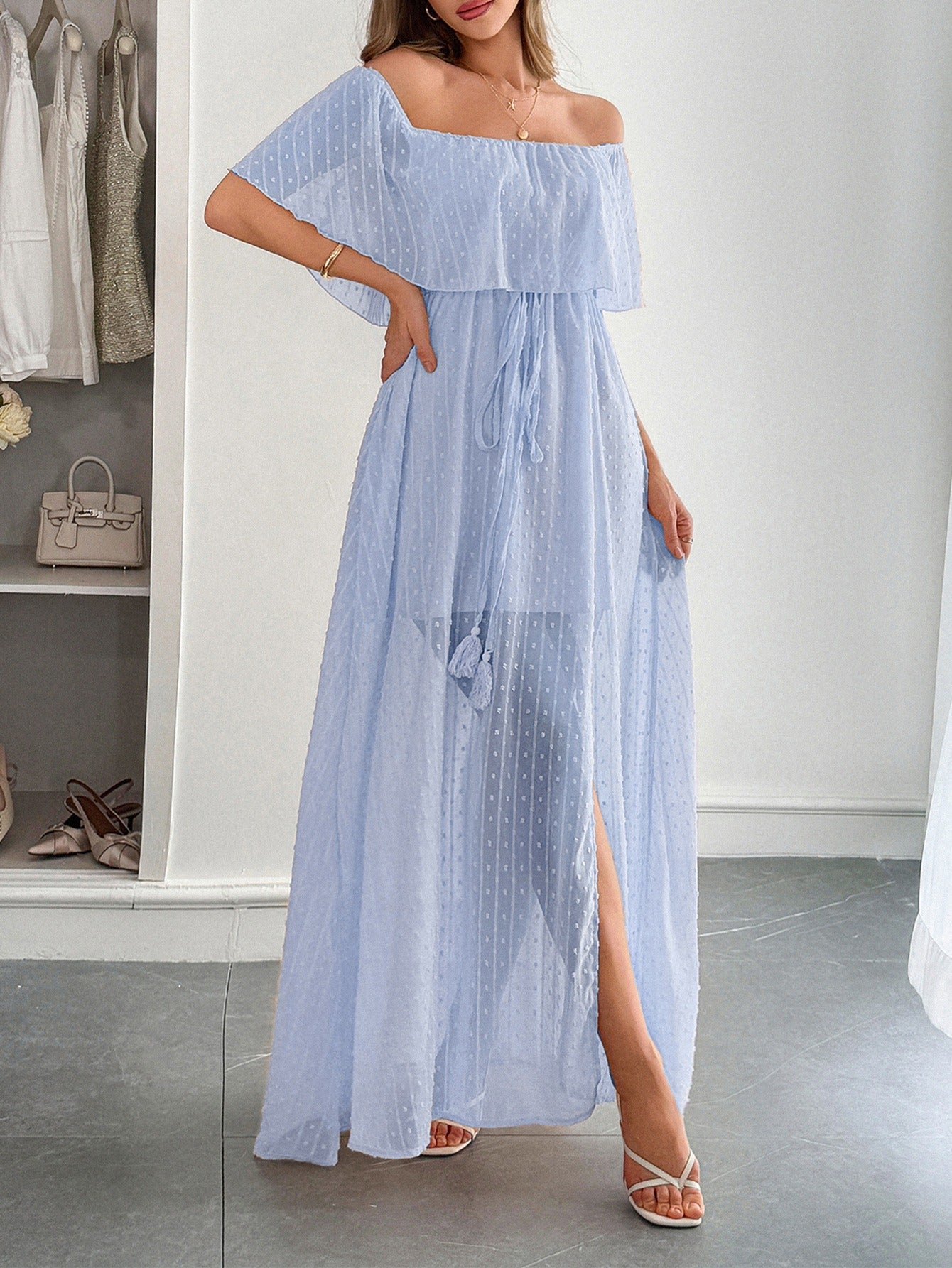 Vestido largo mujer gasa plumeti escote bardot - Julieta