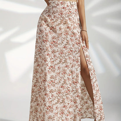 Falda larga para mujer de estampado floral con abertura lateral - Natalia