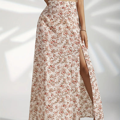 Falda larga para mujer de estampado floral con abertura lateral - Natalia