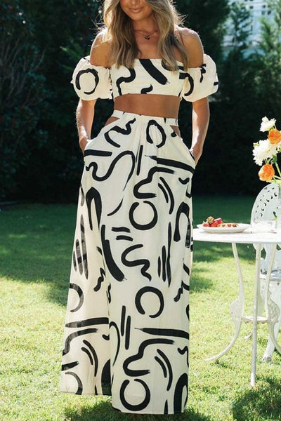 Conjunto de dos piezas para mujer con escote bardot estampado artístico - Eloisa