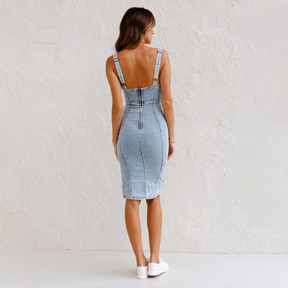 Vestido ajustado para mujer denim con abertura y tirantes - Aitana