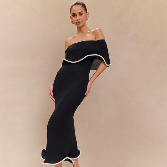 Vestido largo para mujer de escote bardot con volantes estilo sirena - Camila