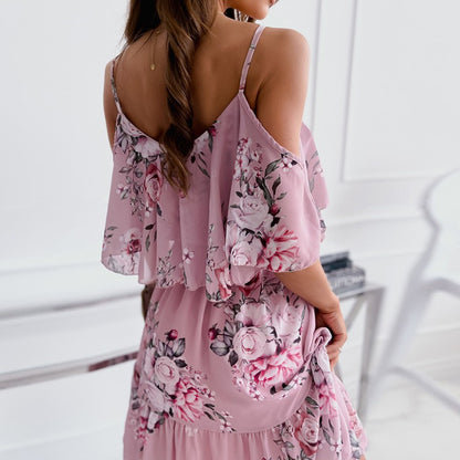 Vestido corto para mujer gasa floral con volantes y hombros descubiertos - Emilia