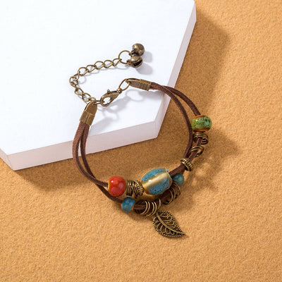 Pulsera mujer bohemia artesanal cuero con cuentas cerámicas - Lantana