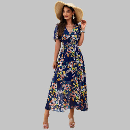 Mareina - Vestido midi floral con escote en V y manga corta