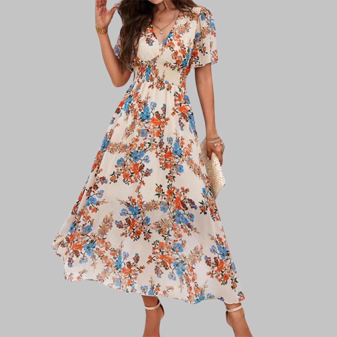 Mareina - Vestido midi floral con escote en V y manga corta