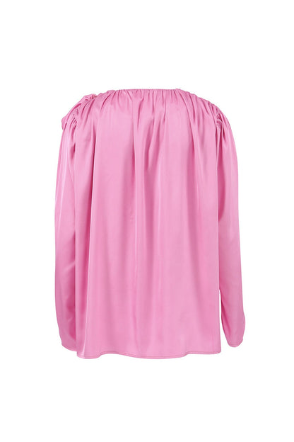 Victoria - Blusa rosa de encaje floral fruncido con cuello en V