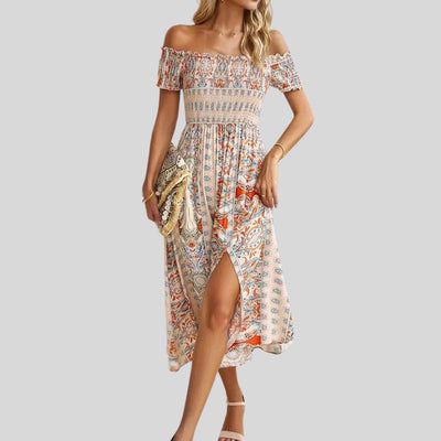 Aurora - Maxivestido boho con hombros al descubierto y volantes