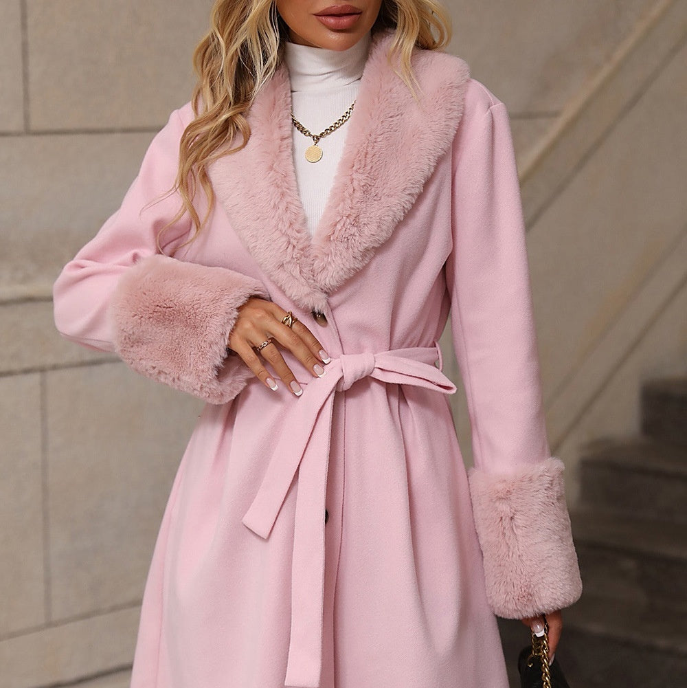Abrigo con cinturón y detalles de pelo - Aveline