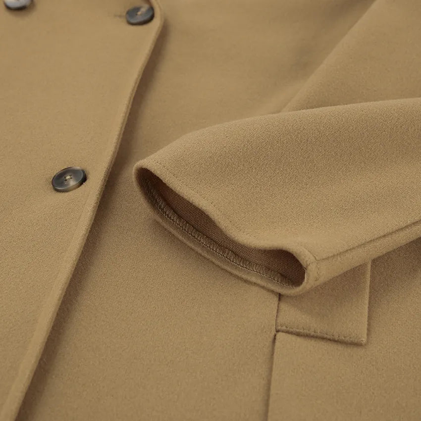 Gali Abrigo elegante de lana marrón de largo medio con doble botonadura