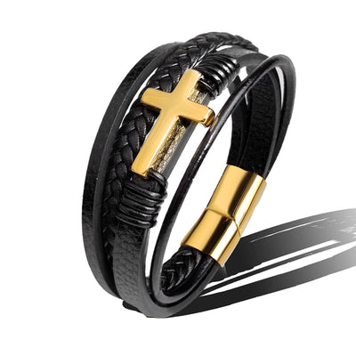 Pulsera hombre cuero trenzado con cruz acero - Sentinel