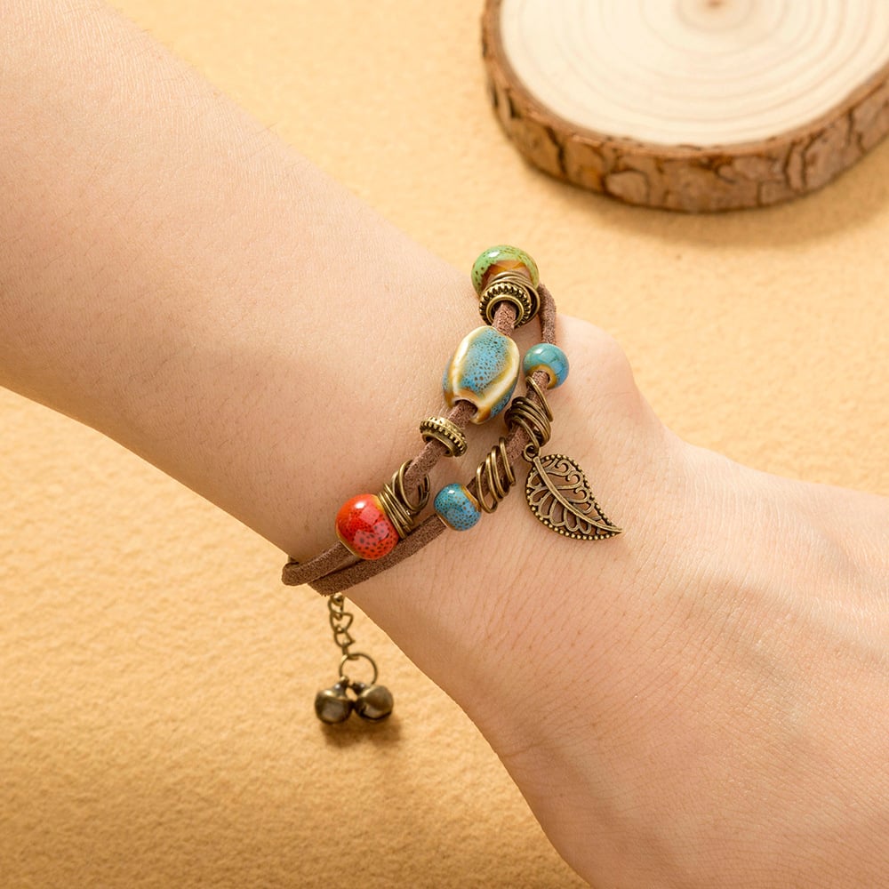 Pulsera mujer bohemia artesanal cuero con cuentas cerámicas - Lantana