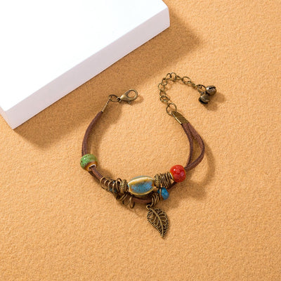 Pulsera mujer bohemia artesanal cuero con cuentas cerámicas - Lantana