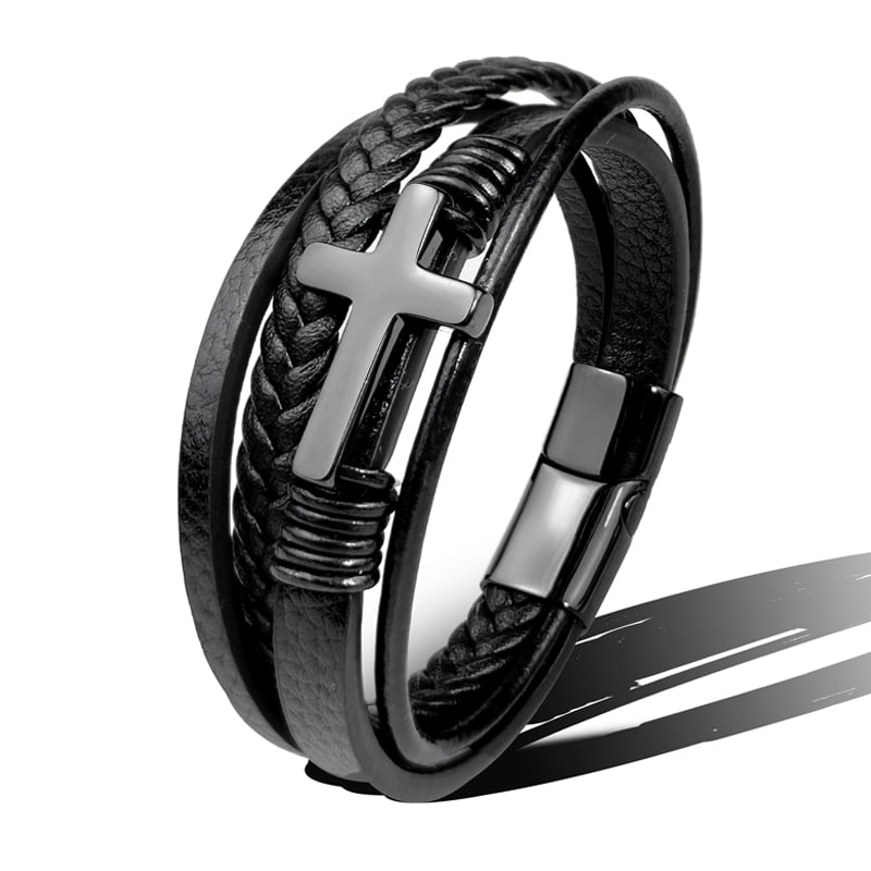 Pulsera hombre cuero trenzado con cruz acero - Sentinel