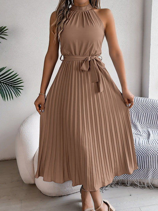 Vestido midi para mujer plisado sin mangas con cuello halter - Camila