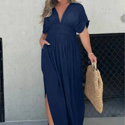 Vestido largo para mujer de escote en V con cintura fruncida - Renata