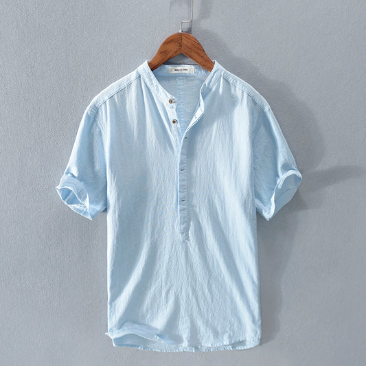 Camisa hombre estilo casual algodón lino azul cielo con botones - Elías