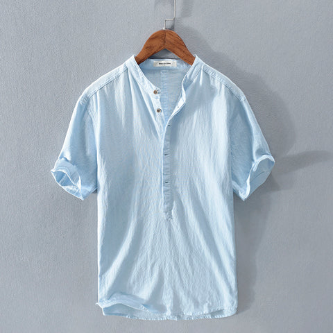 Camisa hombre estilo casual algodón lino azul cielo con botones - Elías