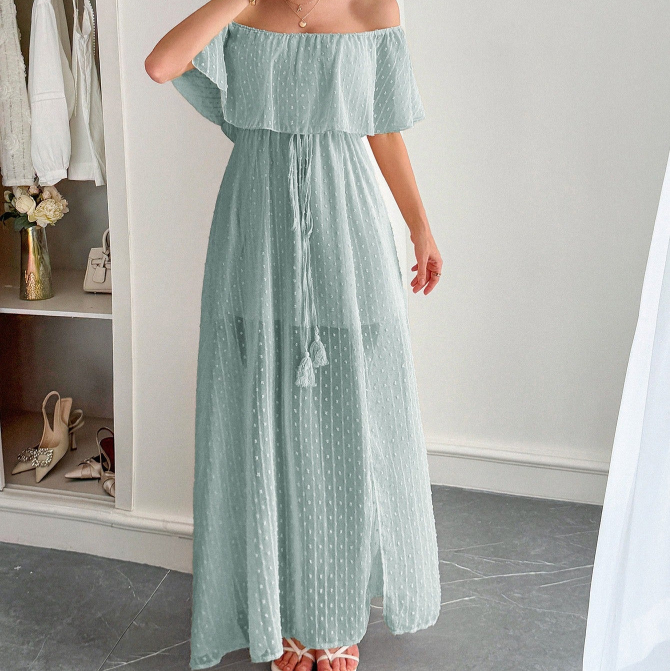 Vestido largo para mujer de gasa plumeti con escote barco estilo fluido - Noelia