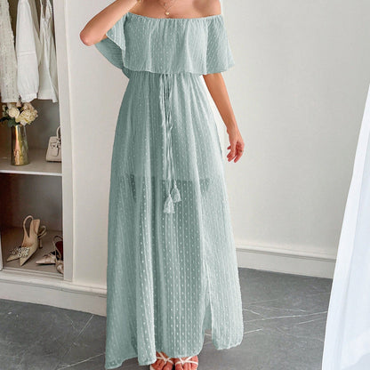 Vestido largo para mujer de gasa plumeti con escote barco estilo fluido - Noelia
