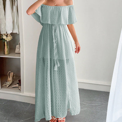Vestido largo para mujer de gasa plumeti con escote barco estilo fluido - Noelia