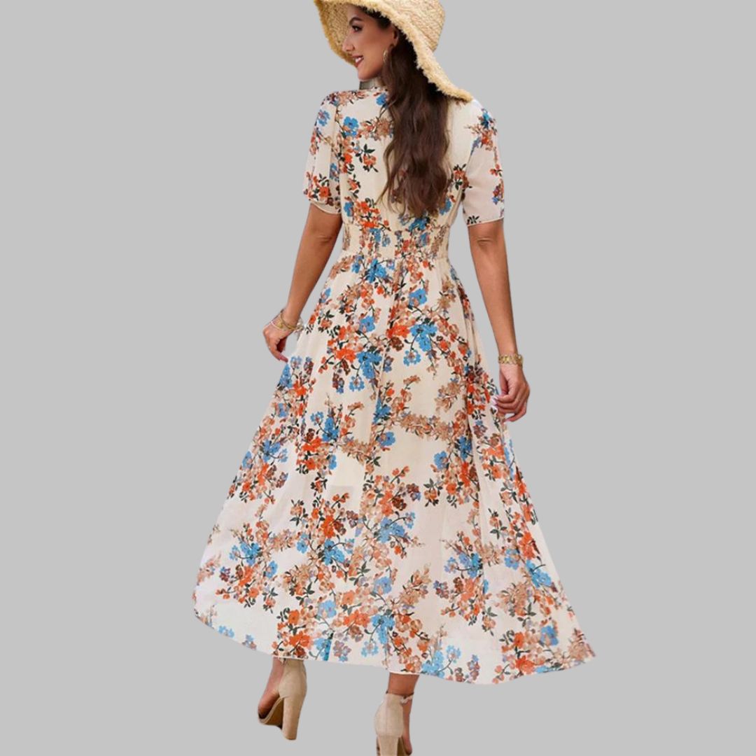 Mareina - Vestido midi floral con escote en V y manga corta