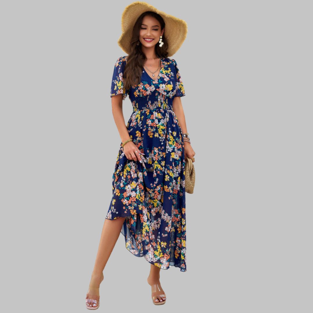 Mareina - Vestido midi floral con escote en V y manga corta