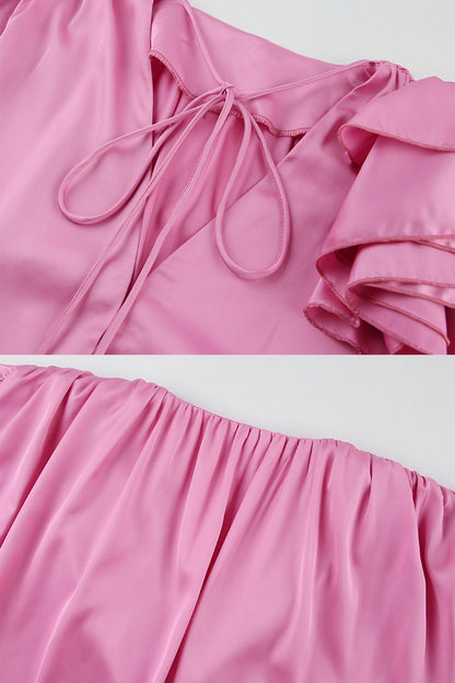 Victoria - Blusa rosa de encaje floral fruncido con cuello en V