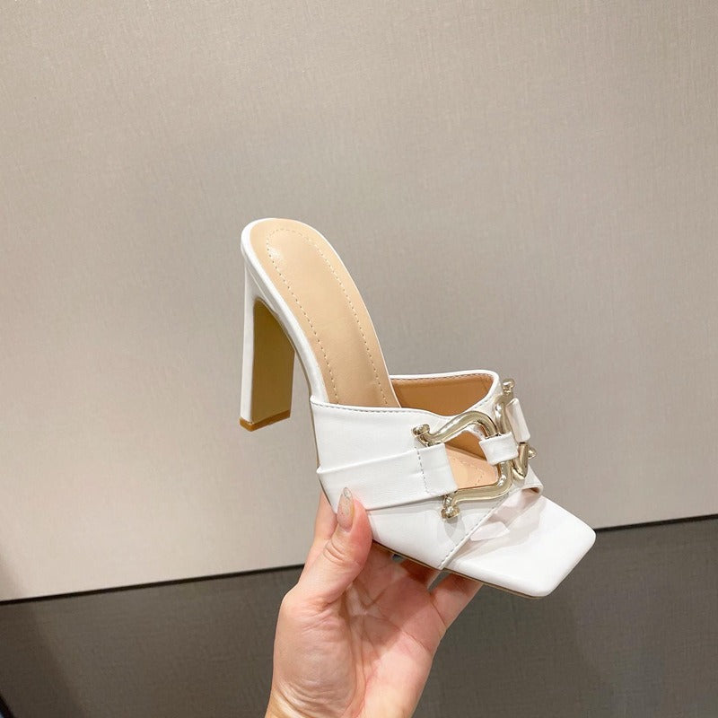 Sandalias de tacón alto mujer doble hebilla metálica negro elegante - Kalisa