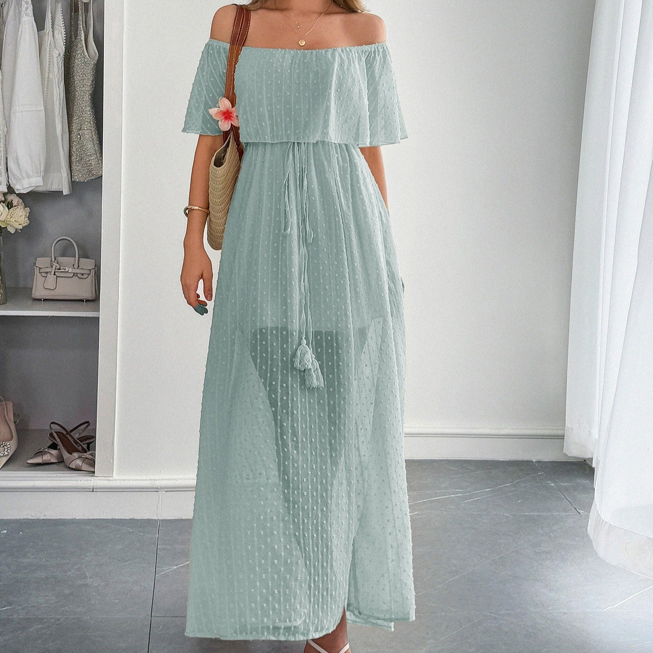 Vestido largo para mujer de gasa plumeti con escote barco estilo fluido - Noelia