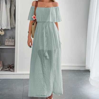Vestido largo para mujer de gasa plumeti con escote barco estilo fluido - Noelia