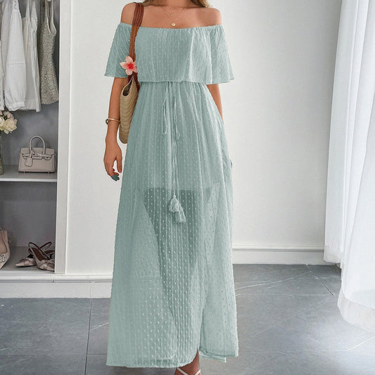 Vestido largo para mujer de gasa plumeti con escote barco estilo fluido - Noelia