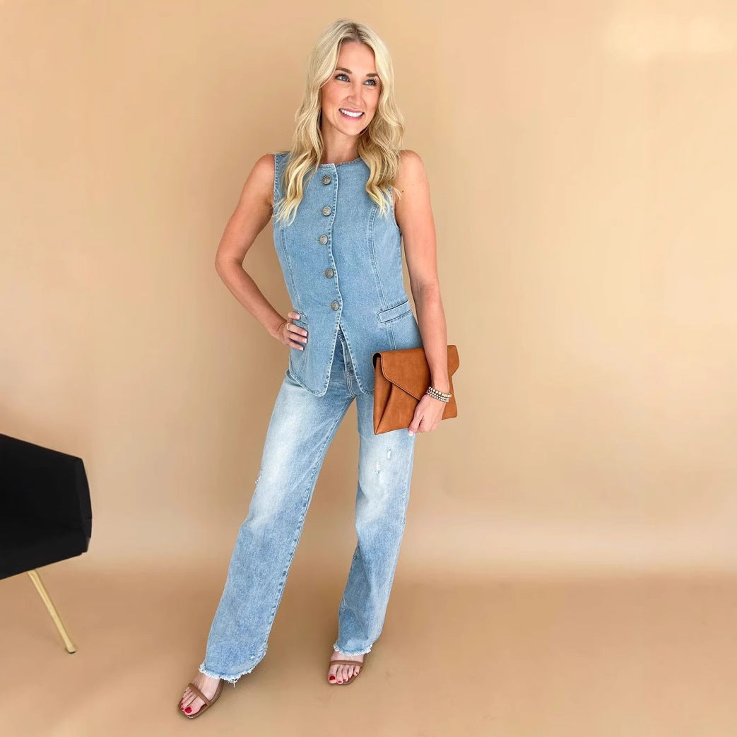 Madleen - Chaleco vaquero casual sin mangas para mujer