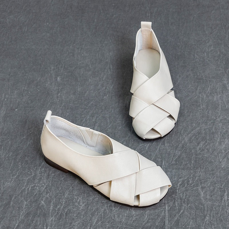 Zapatos planos mujer piel auténtica puntera abierta negro elegante - Nayra