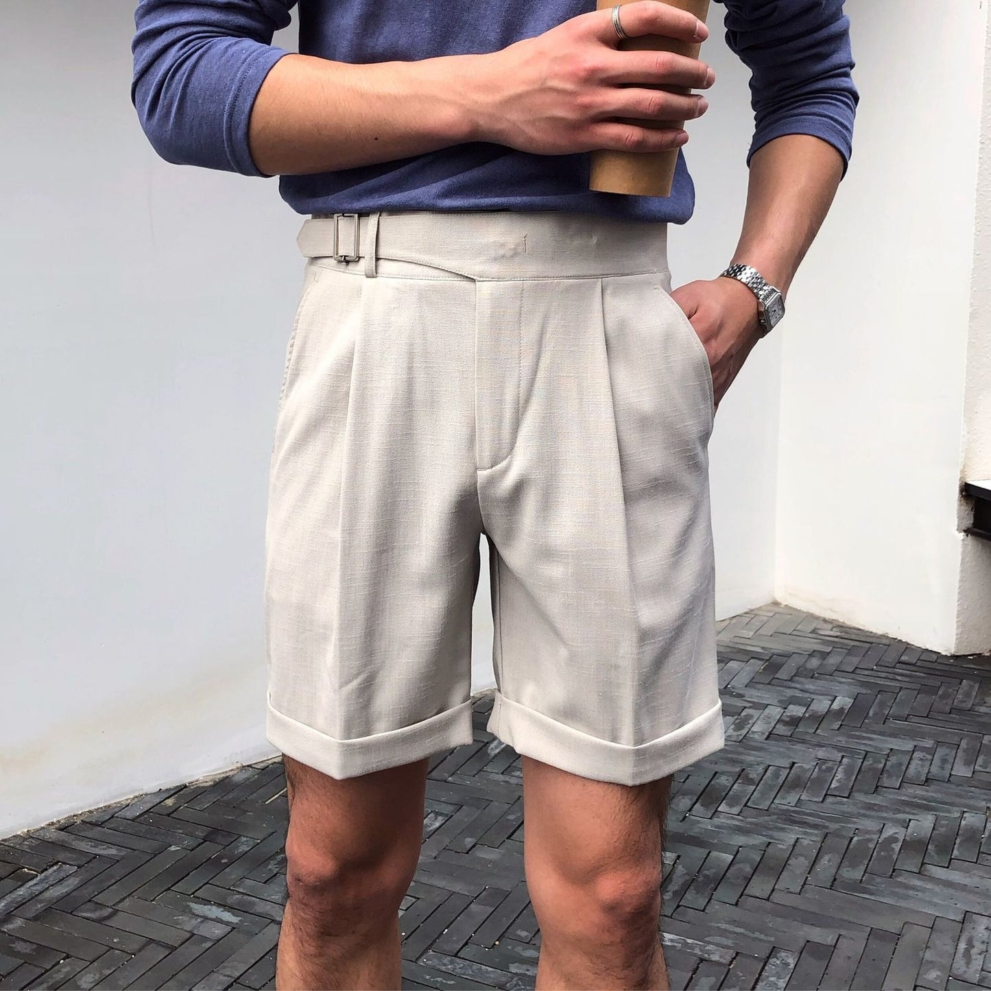 Pantalones cortos hombre pinzas elegantes cintura alta - Lorenzo