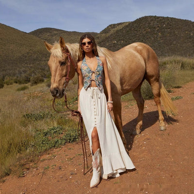 Falda larga mujer lino con abertura frontal estilo fluido - Martina