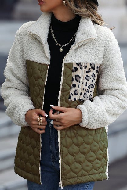 Élise - Chaqueta con cremallera y cuello alto de sherpa con estampado de leopardo