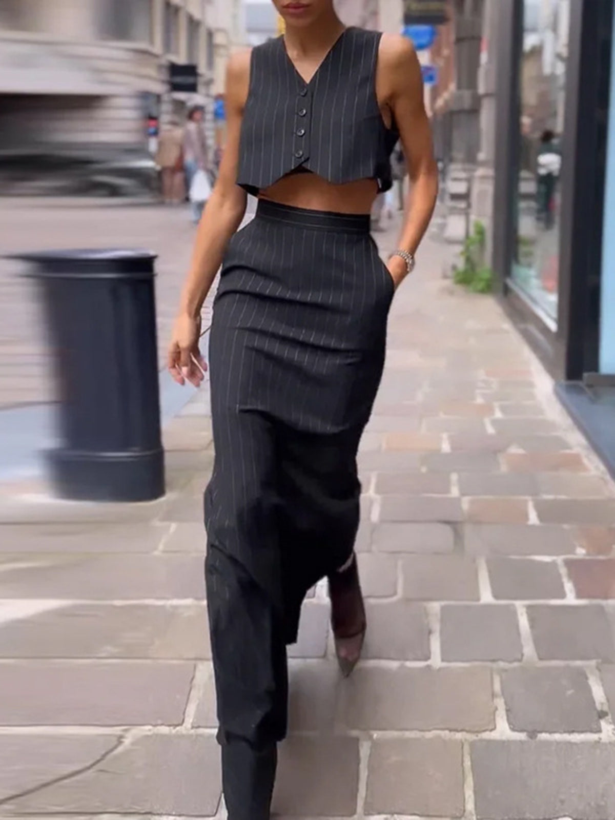 Gilda - Conjunto de falda y pantalón a rayas con botones