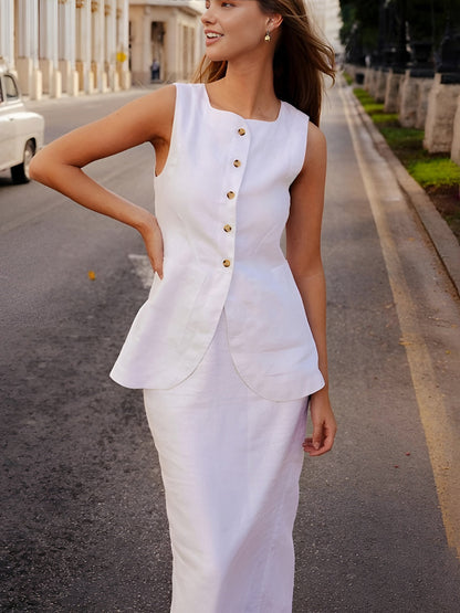 Xiomara - Conjunto Falda Cuello Cuadrado Blanco Chic