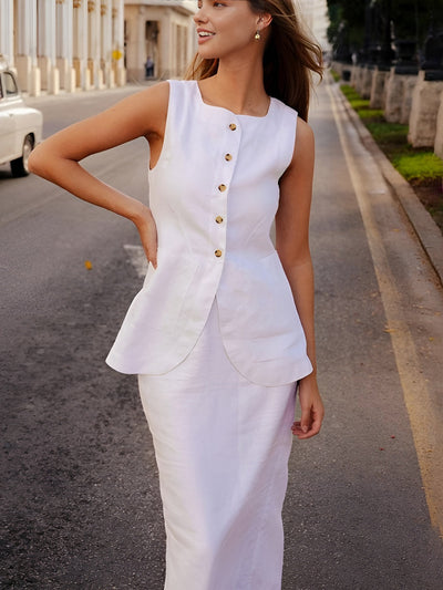 Xiomara - Conjunto Falda Cuello Cuadrado Blanco Chic